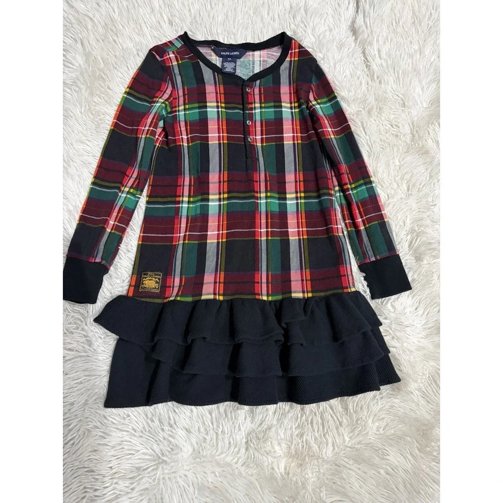 Ralph Lauren Girls Shirt Dress Size 6X Red Blue Plaid Button Long Sleeve Ruffles